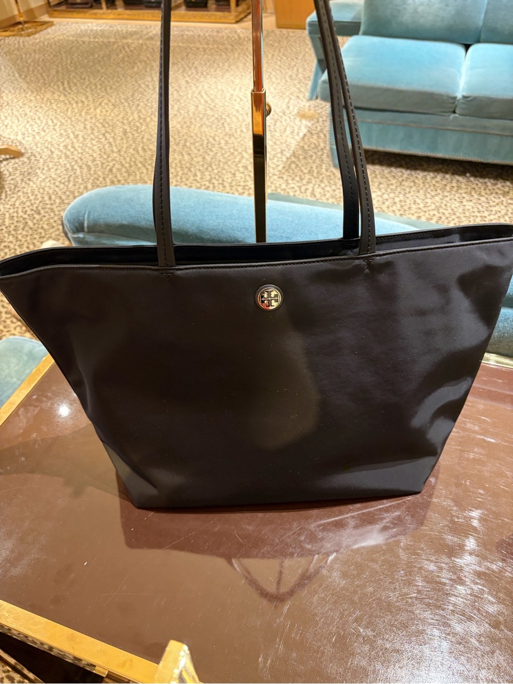 Tory Burch black Tote nylon tote bag zip closure logo accent gold in Large